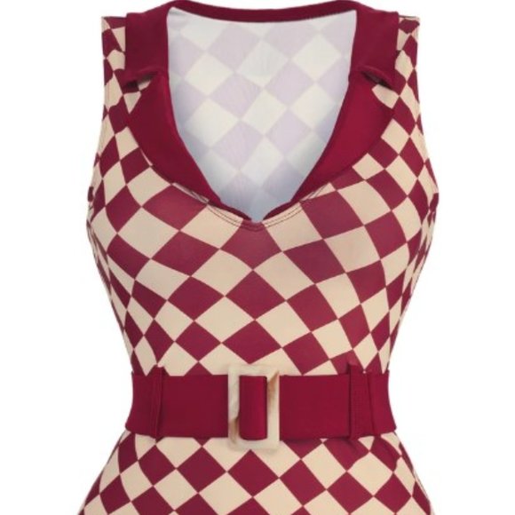 Retro Stage One Piece Diamond Burgundy Swimsuit - Picture 10 of 10